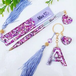 Purple Glitter Keychain and Bookmark Set